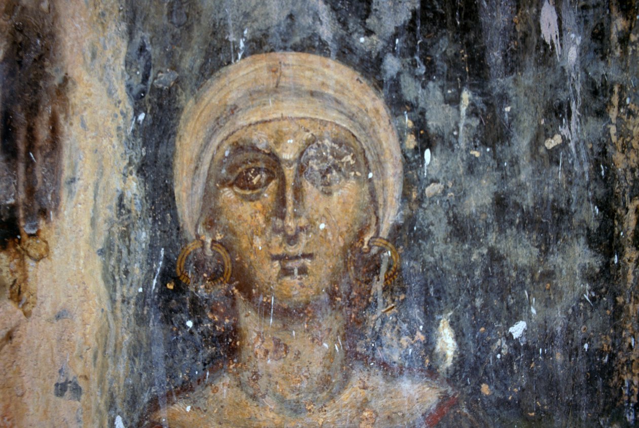 Kvindefigur, fresko i den byzantinske kirke Agios Athanasios, Kefali, Kreta, Grækenland (foto) af Unbekannt Unbekannt