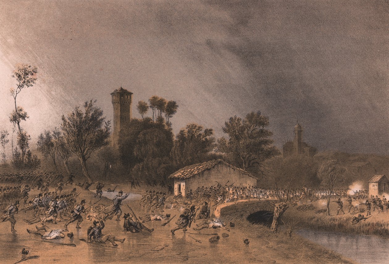 Første division af Regina Brigade angriber Montreoli Bridge, Palestro, Lombardiet af Unbekannt Unbekannt