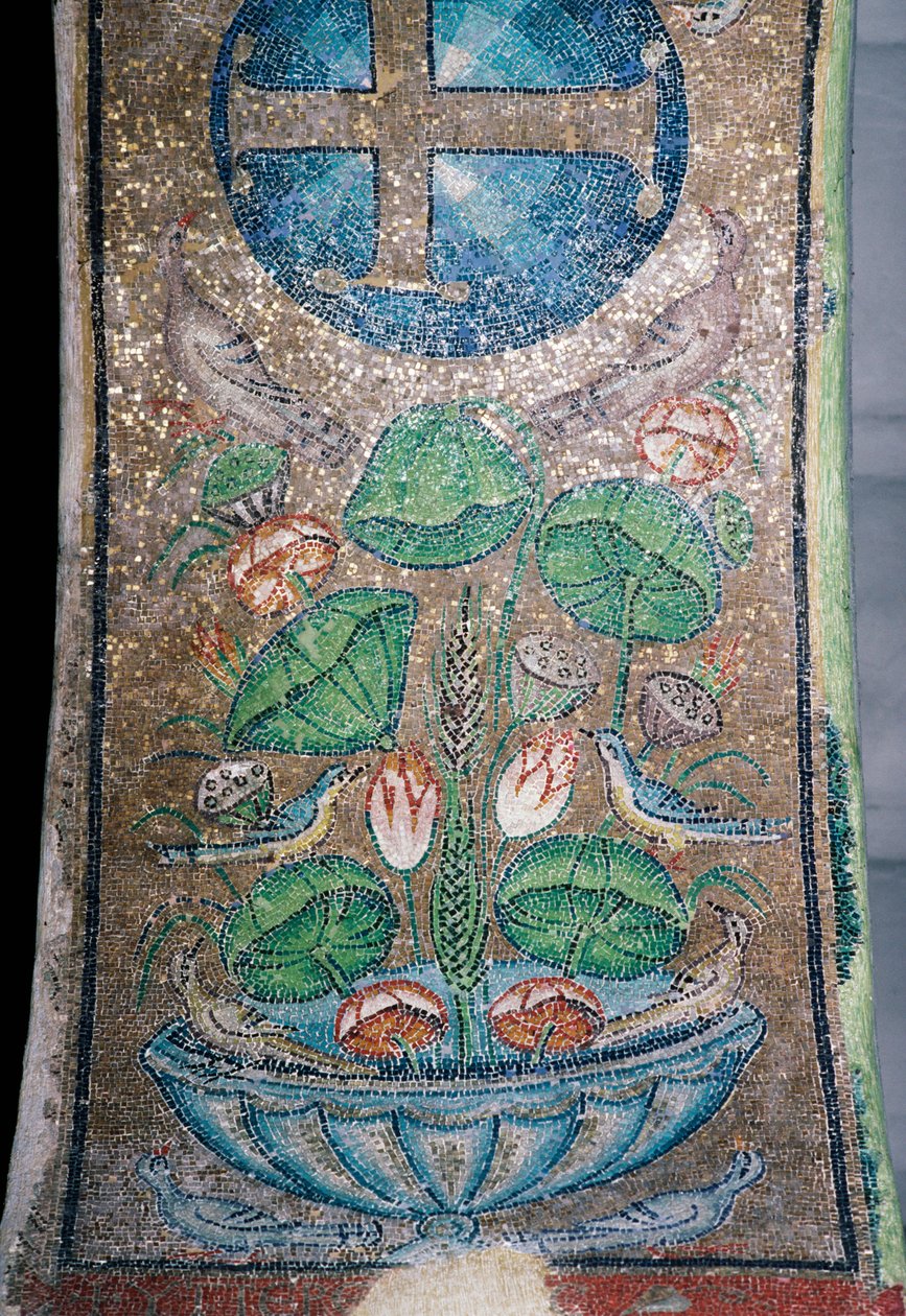 Blomster og fugle, mosaik i den tidlige kristne kirke Panagia Ahiropiitos eller Panagia Acheiropoietos, også kaldet Achiropita (der ikke er skabt af menneskehånd), Thessaloniki, Centralmakedonien, Grækenland, 5. århundrede (foto) af Unbekannt Unbekannt