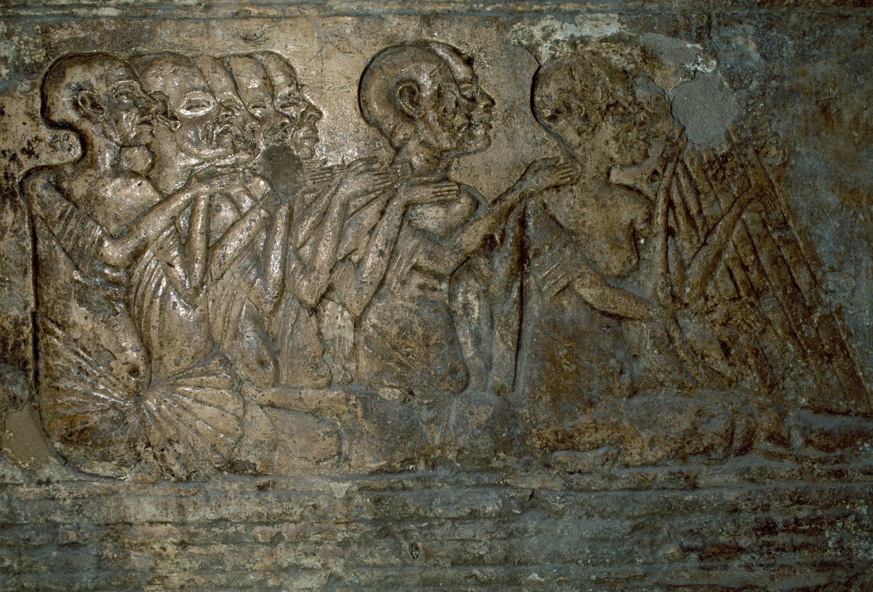 Udenlandske gæster præsenterer gaver til Dronning Nefertiti, Bas-relief fra Merires grav, Necropolis of Tell el-Amarna, Egypten, Egyptisk civilisation, New Kingdom, Dynasti XVIII af Unbekannt Unbekannt