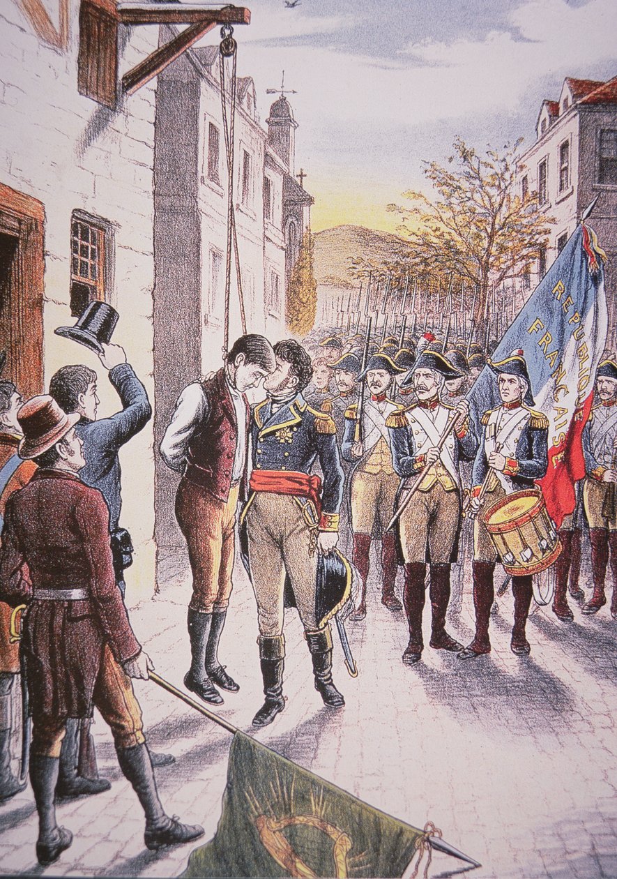 Den franske general Jean Sarrazin kysser den hængte irske oprører Patrick Walsh (farve litho) af Unbekannt Unbekannt