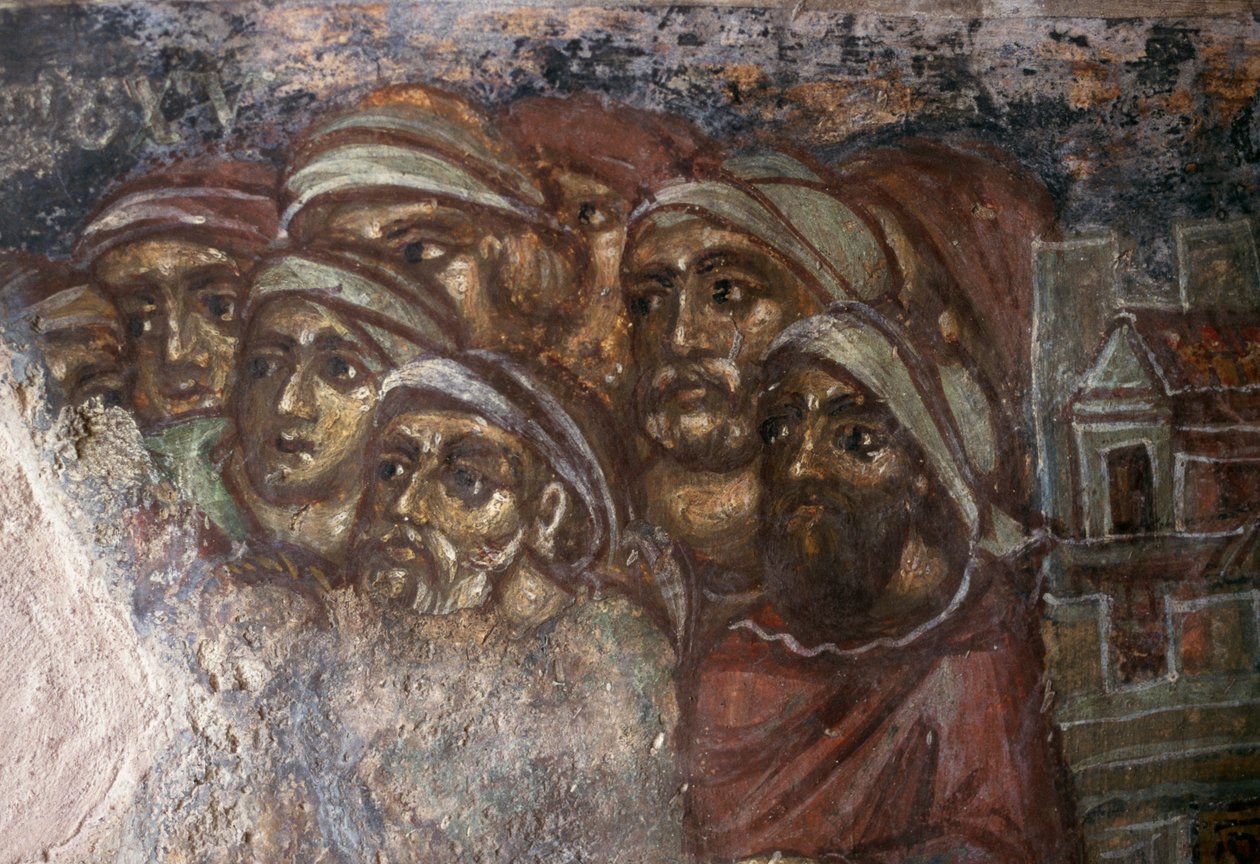 Fresco med gruppe af mænd, den byzantinske kirke i Ayios Stephanos, Drakona, Kreta, Grækenland (foto) af Unbekannt Unbekannt