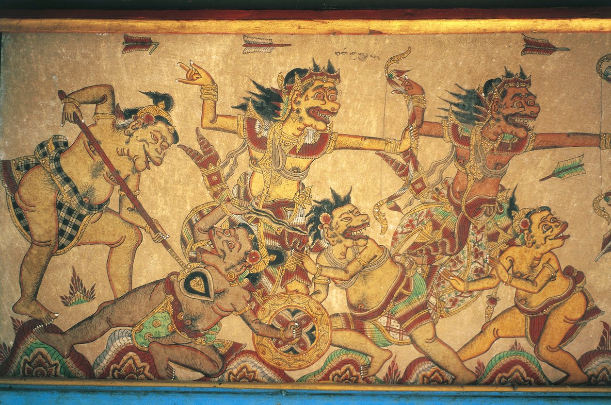 Fresker, der skildrer scener af kampe mellem guder og dæmoner, Kertha Gosa-pavillonen, Klungkung-paladset (Puri Agung Semarapura), Semarapura, Bali, Indonesien af Unbekannt Unbekannt