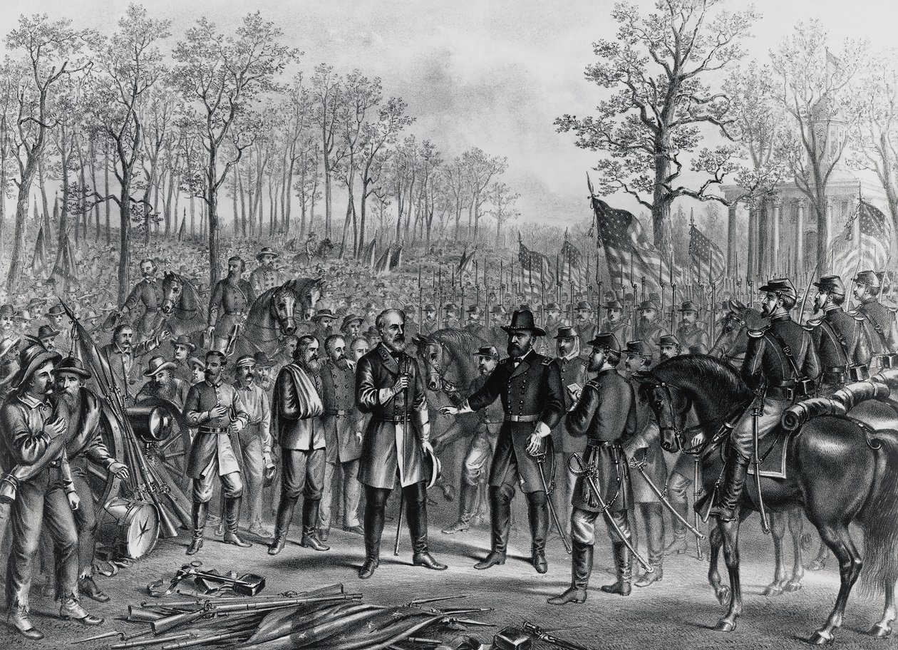 General Robert Lee overgiver sig til general Ulysses Grant ved Appomattox den 9. april af Unbekannt Unbekannt