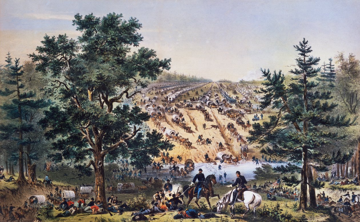 George Brinton McClellans tilbagetog, Bear Creek vadested, Army of the Potomac, juli 1862, tegning af John Badger Bachelder, gravering af Bufford, Amerikansk borgerkrig, USA af Unbekannt Unbekannt