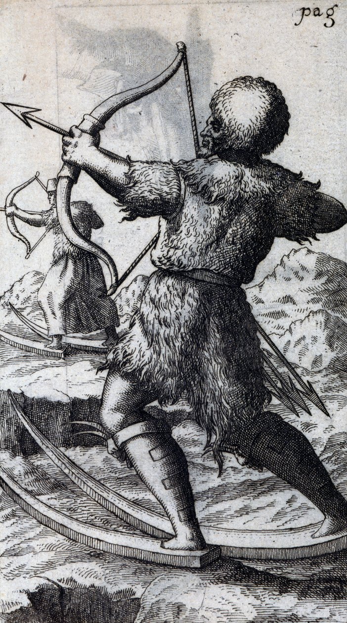 Jæger med bue og pil på korte ski, illustration fra De Calceo Antiquo, af B Balduinus af Unbekannt Unbekannt