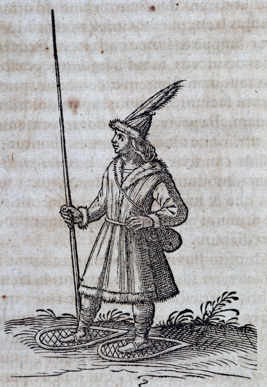 Indbygger i Canada (Frankrig Canadienne) med snesko, illustration fra Description de la Nouvelle France af Unbekannt Unbekannt