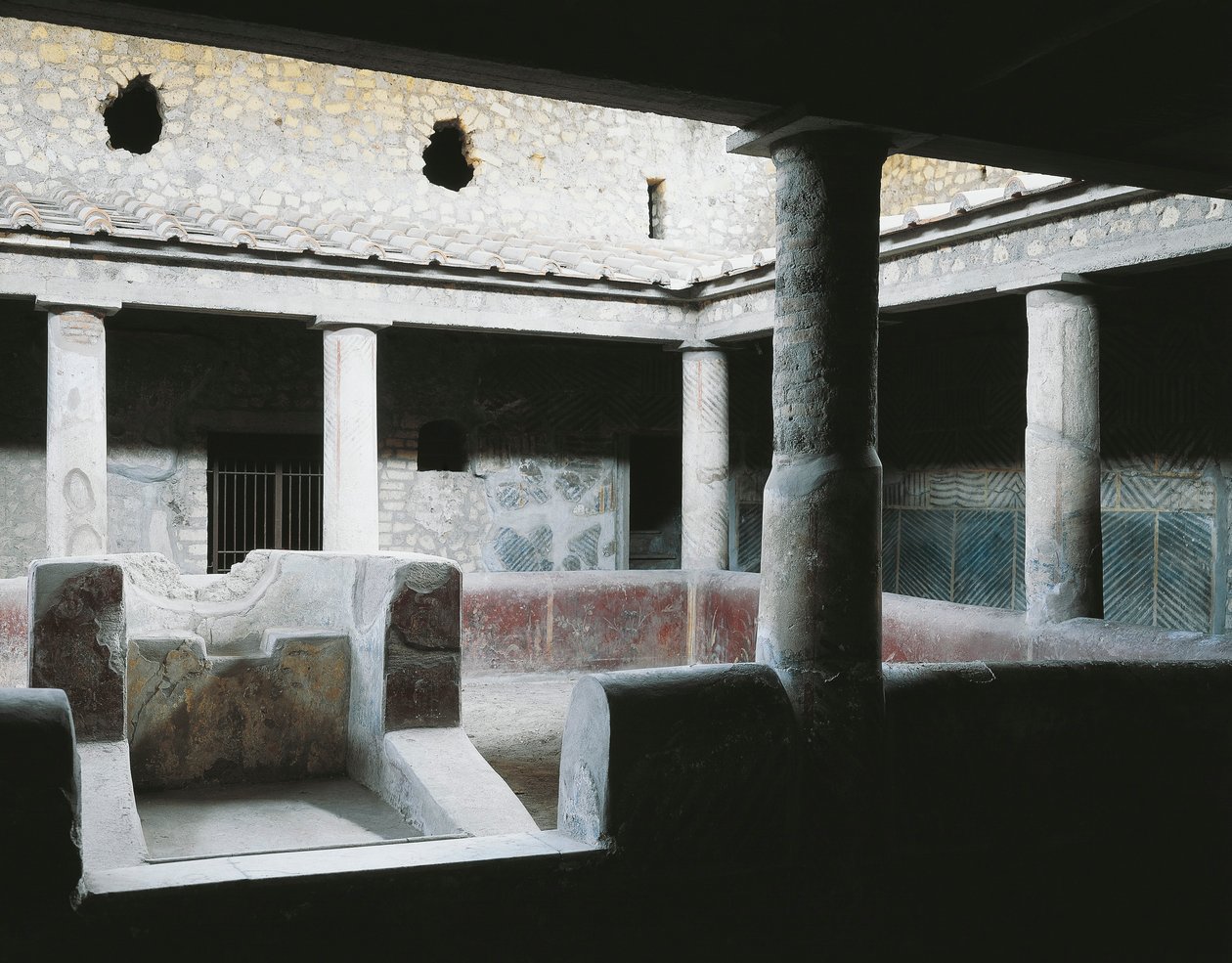 Italien, Campania, Oplonti, det arkæologiske område i Torre Annunziata, Roman Villa Poppaea, Lille indendørs atrium med springvand til vanding af haven af Unbekannt Unbekannt
