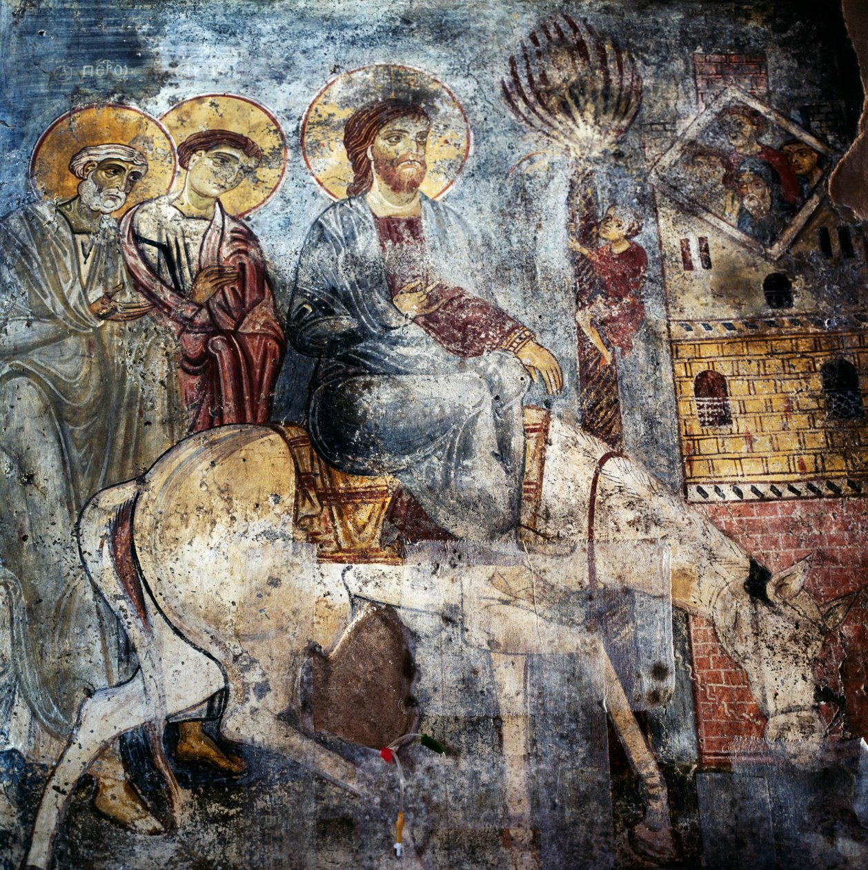Jesus går ind i Jerusalem på æsel, fresker inde i klostret Panagia Antifonitria, Myriokefala, Kreta, Grækenland (foto) af Unbekannt Unbekannt