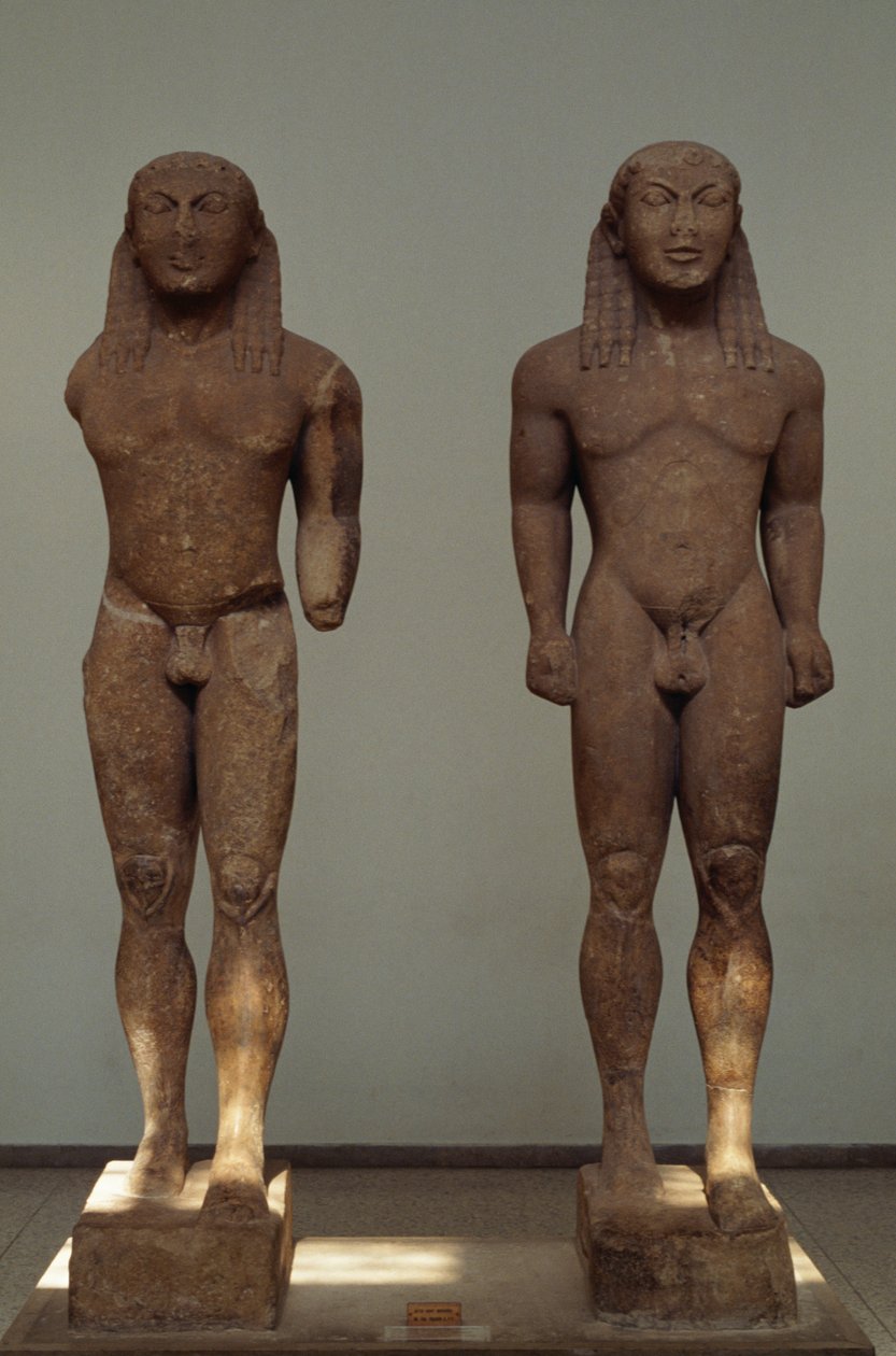 Kleobis og Biton, ca 610-590 f.Kr., pariske marmorstatuer, af Polymedes af Argos, dedikeret til Delphi af byen Argos, Grækenland, græsk civilisation, 7.-6. århundrede f.Kr. af Unbekannt Unbekannt