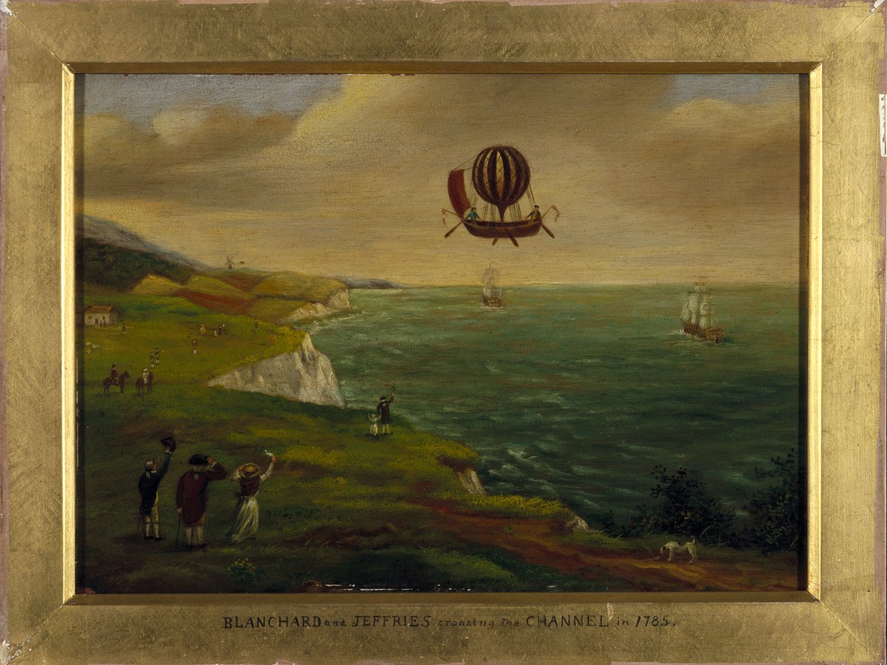 Opfinderen Jean Pierre (Jean-Pierre) Blanchard (1753-1809) og den amerikanske videnskabsmand John Jeffries (Jefferies eller Gefferies) (1744-1819) krydser Den Engelske Kanal i en flyvemaskine, der ligner en båd udstyret med en varmluftsballon 7/01 /1785 af Unbekannt Unbekannt