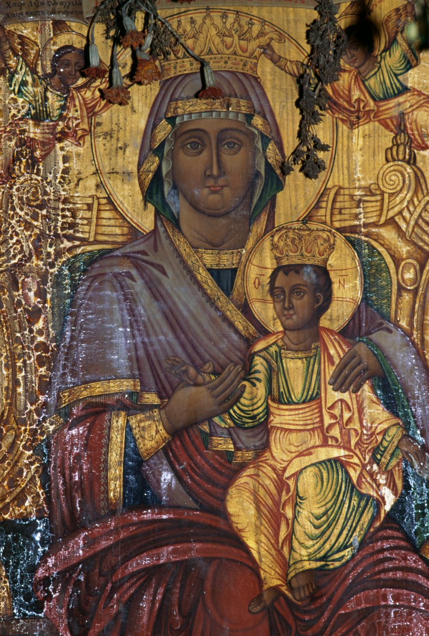 Madonna og barn, forgyldt maleri, den byzantinske kirke i Agios Georgios, Vathi, Kreta, Grækenland (foto) af Unbekannt Unbekannt