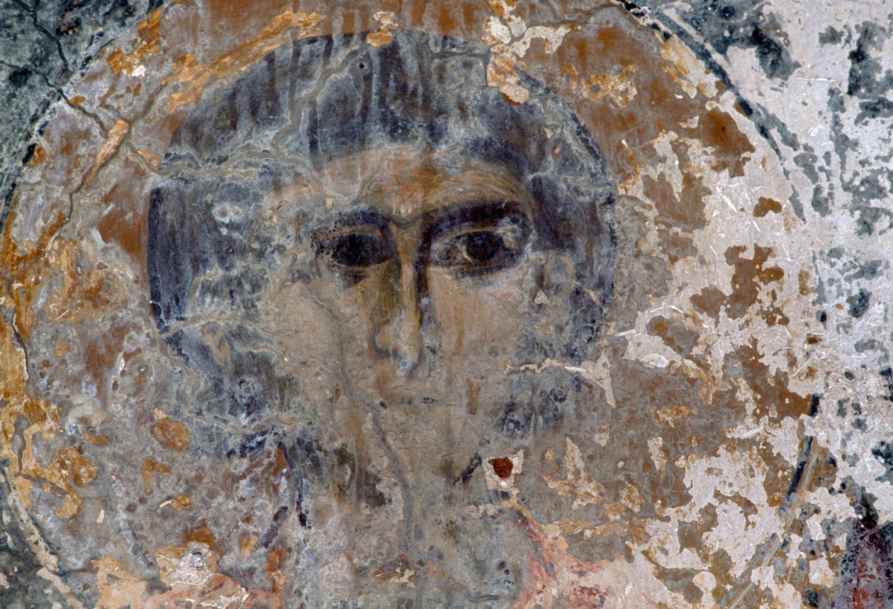 Mandsfigur, beskadiget freskomaleri i kirken Metamorphosis Sotiros, Voutas, Kreta, Grækenland (foto) af Unbekannt Unbekannt