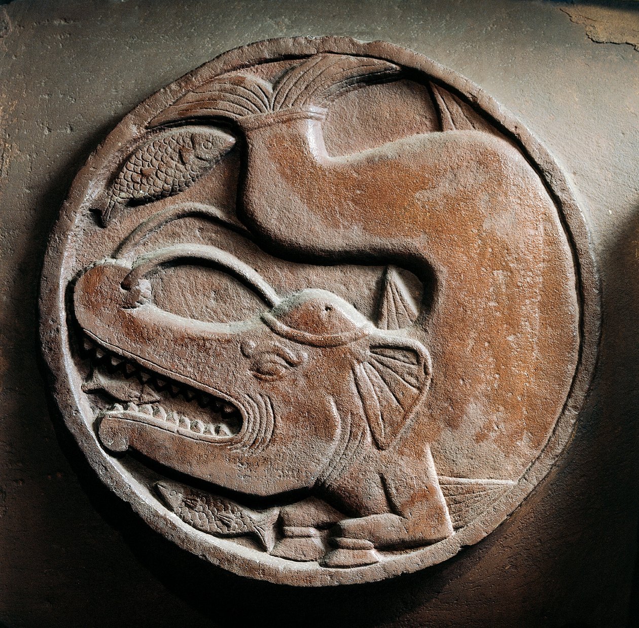 Medaljon med havdyr fra hovedet af elefantslugende fisk, relief fra Stupa af Bharhut, buddhistisk monument, Madhya Pradesh, Indien, indisk civilisation, 2. århundrede f.Kr. af Unbekannt Unbekannt