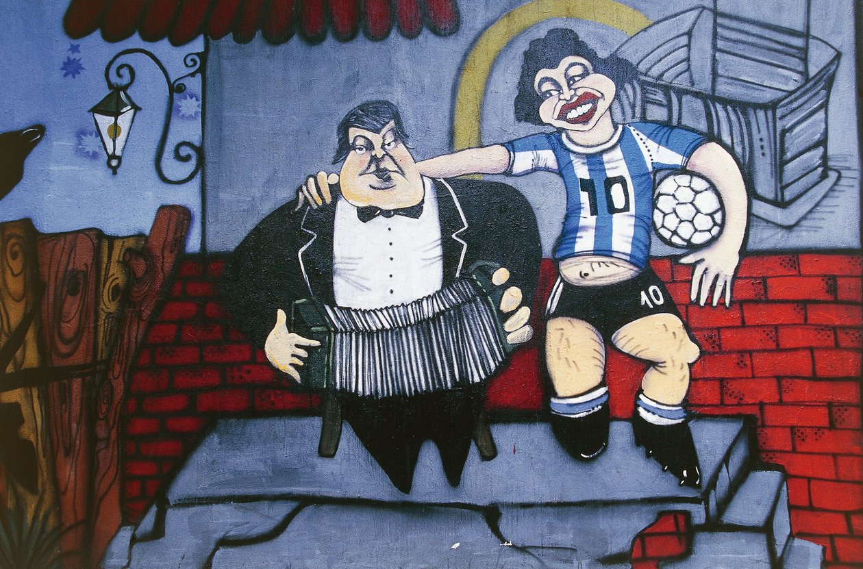 Musiker Anibal Troilo og fodboldspiller Diego Maradona, vægmaleri på væggen i Caminito-gyden, La Boca, Buenos Aires, Argentina af Unbekannt Unbekannt