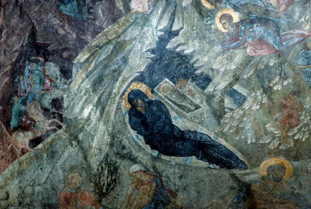 Fødselskirken, freskomaleri i klostret Panagia Perivleptos, den byzantinske by Mystras (UNESCOs verdensarvsliste af Unbekannt Unbekannt