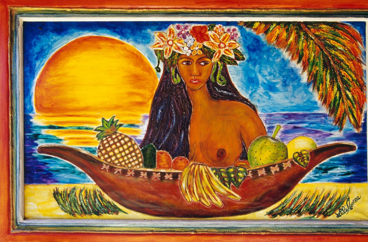 Malet glas, der forestiller polynesisk kvinde, øen Moorea, Society Islands, Fransk Polynesien (den franske republiks oversøiske territorium), detaljer af Unbekannt Unbekannt