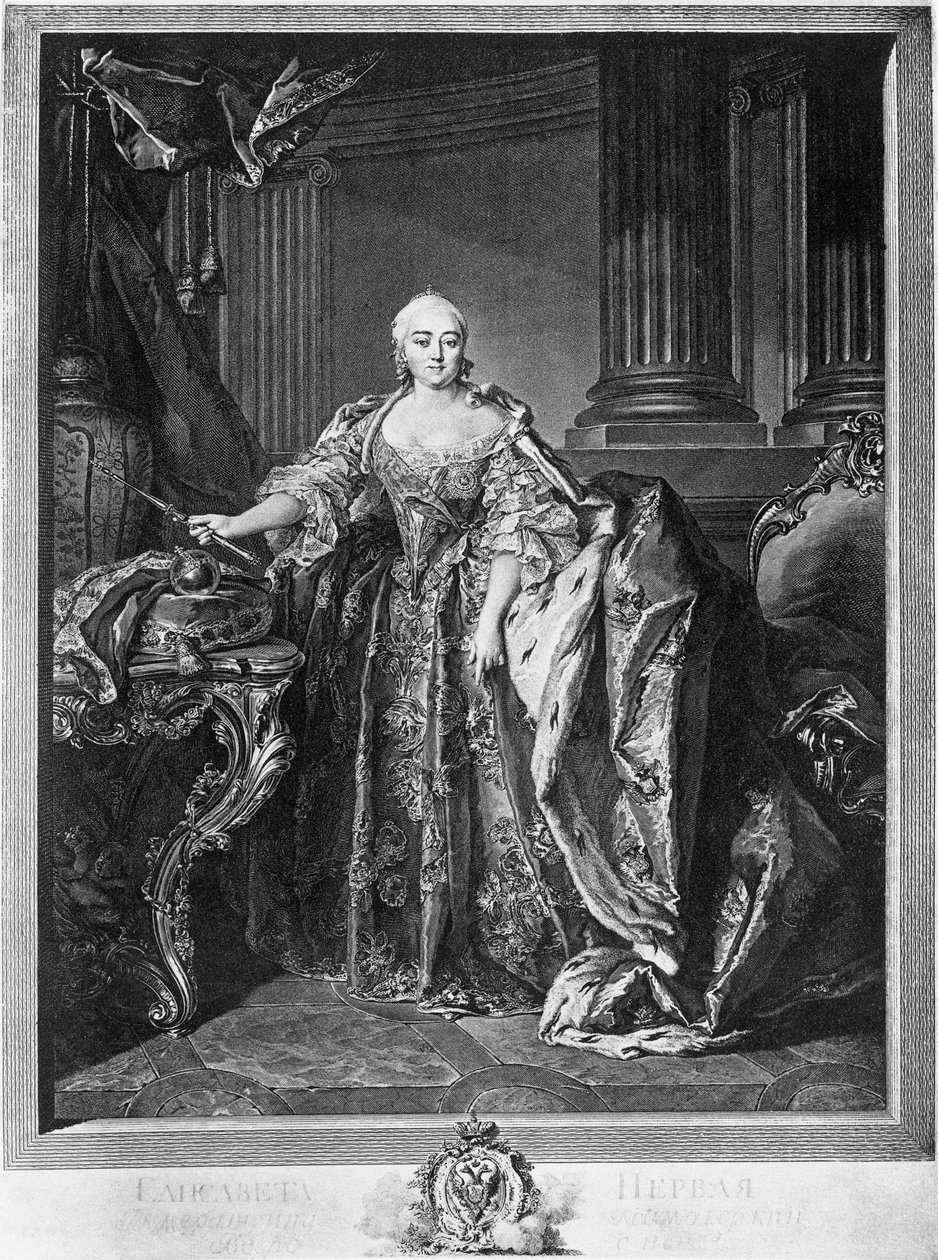 Portræt af Elizabeth Petrovna (1709-1761), kejserinde af Rusland fra 1741 til hendes død, gravering af Unbekannt Unbekannt