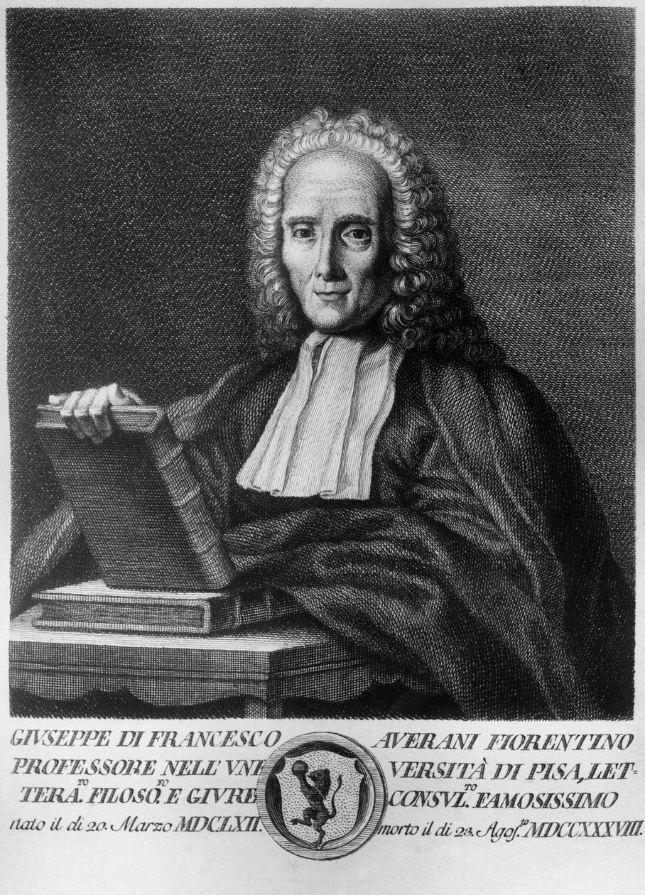 Portræt af Giuseppe Averani, kendt som Averanus (1662-1738), italiensk jurist og naturforsker, radering fra Serie af portrætter af berømte toscanske mænd, udgivet af Allegrini af Unbekannt Unbekannt