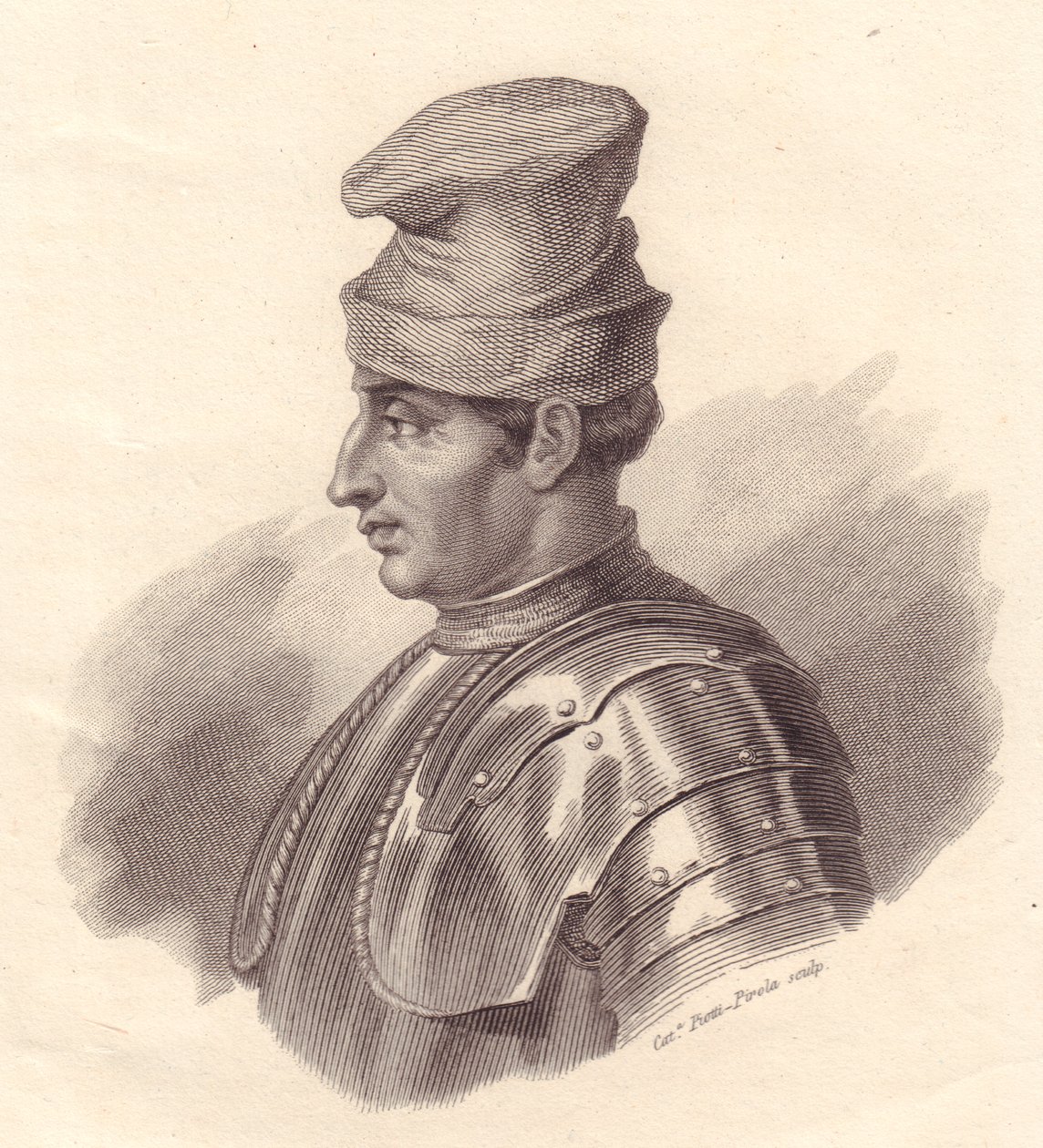 Portræt af den italienske militærleder Niccolo Fortebraccio også kendt som della Stella (1389-1435), kobberstik af Caterina Piotti-Pirola af Unbekannt Unbekannt