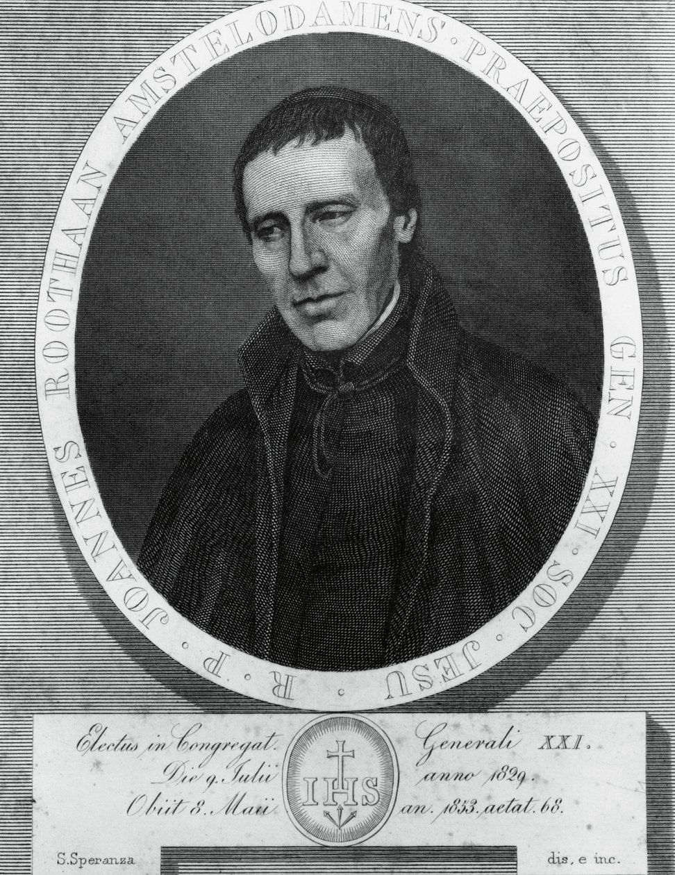 Portræt af Jan Philipp Roothaan (1785-1853), hollandsk jesuit og 21. generaloverløjtnant for Jesu Selskab, tegning og gravering af Serafino Speranza (1862-1911) efter maleri af Frans Quartier af Unbekannt Unbekannt