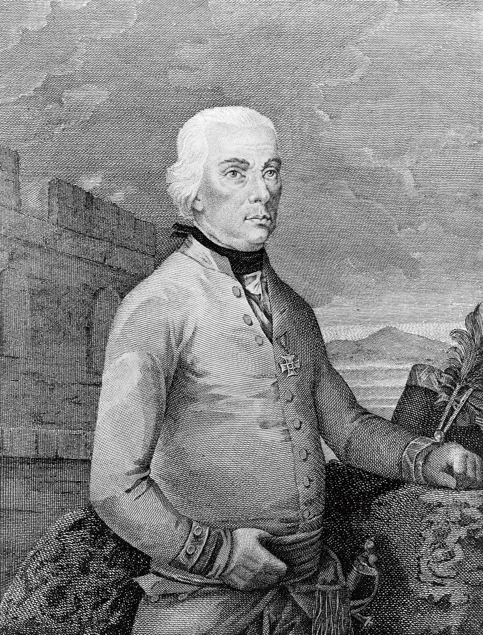 Portræt af Michael Friedrich von Melas (1729-1806), transsylvaniskfødt feltmarskal for det østrigske kejserrige under Napoleonskrigene, kobberstik af Unbekannt Unbekannt