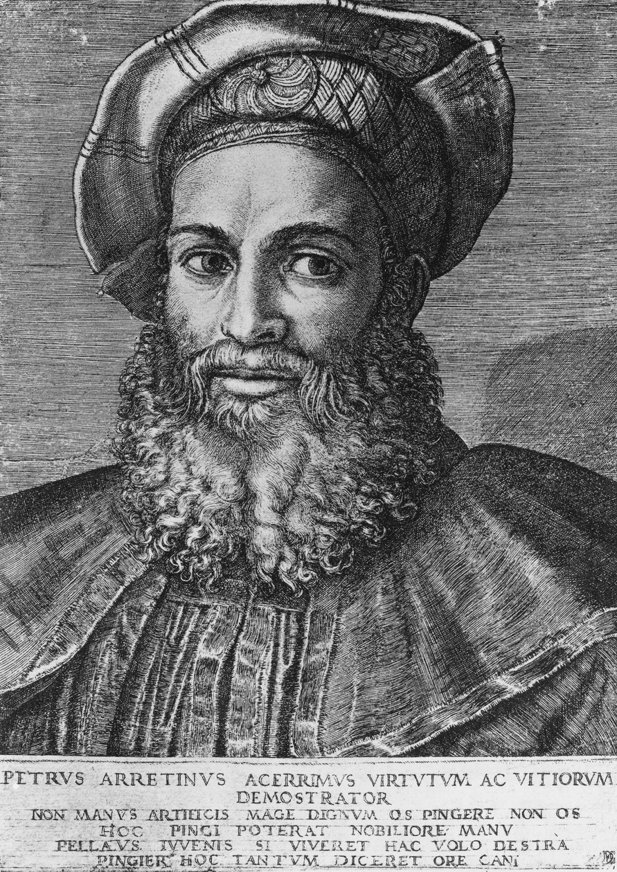 Portræt af Pietro Aretino (1492-1556), italiensk digter, forfatter og dramatiker, gravering af Marcantonio Raimondi (født ca. 1470-1482, død 1527-1534), 22 3x15 4 cm af Unbekannt Unbekannt