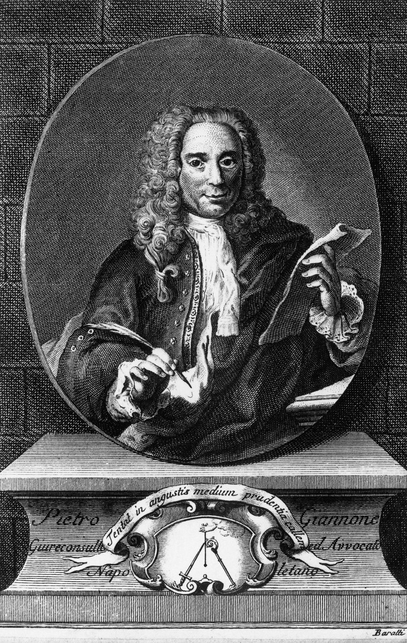 Portræt af Pietro Giannone (1676-1748), italiensk filosof, historiker og jurist, gravering af Antonio Baratti (1724-1787) fra Civil History of the Kingdom of Napoli af Pietro Giannone, udgivet af Giambattista Pasquali af Unbekannt Unbekannt