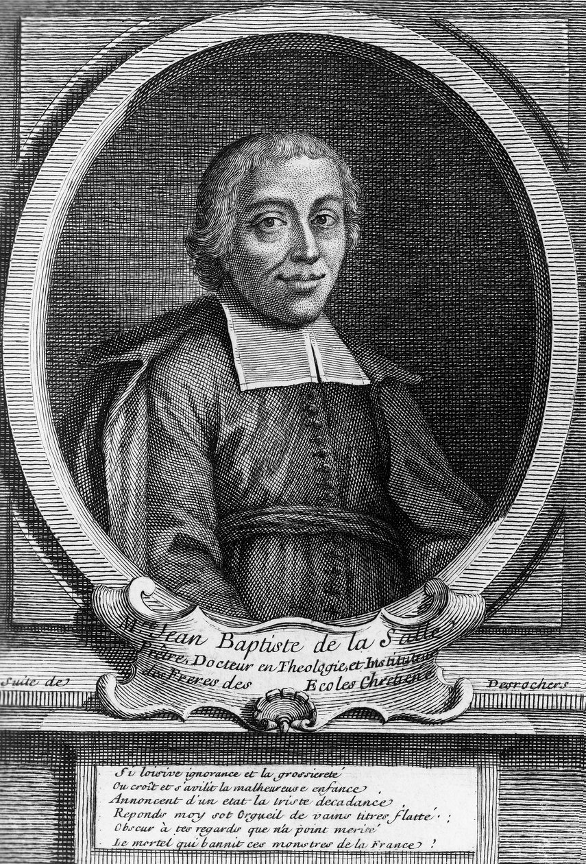 Portræt af Saint John Baptist de La Salle (1651-1719), fransk præst, pædagogisk reformator og grundlægger af Institute of Brothers of Christian Schools, gravering af Unbekannt Unbekannt