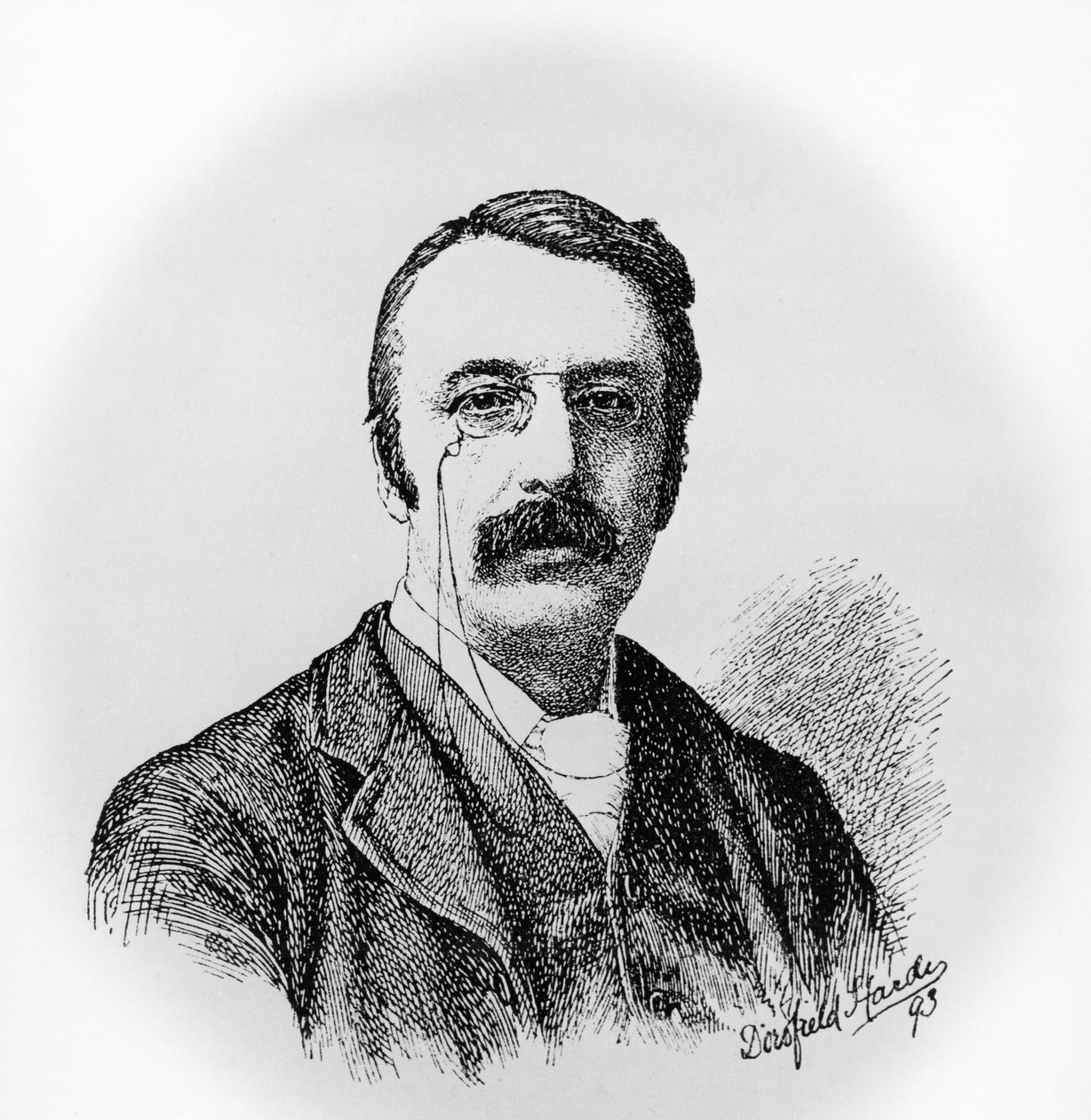 Portræt af Sir Charles Villiers Stanford (1852-1924), irsk komponist og dirigent, gravering efter tegning af Dorofield Hardy (1853-1937) af Unbekannt Unbekannt