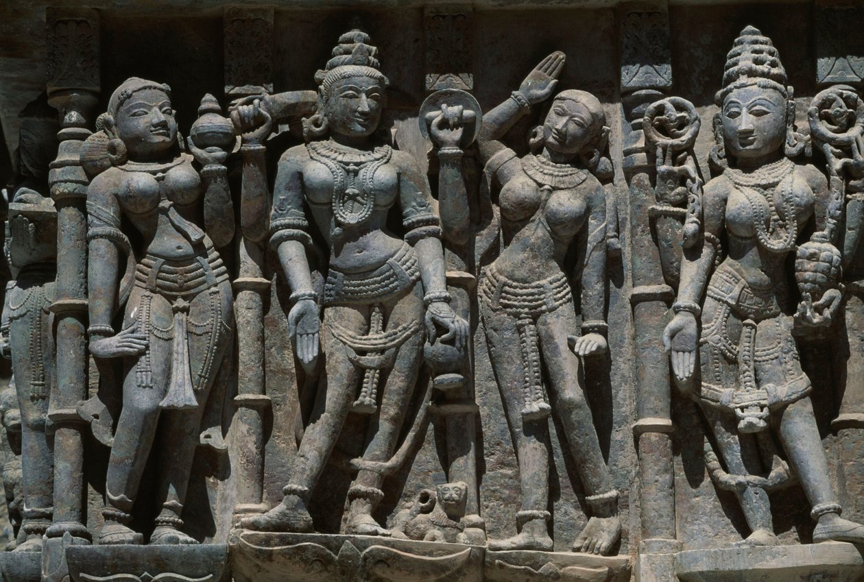 Relief deponerer kvindelige figurer, Adeshwara Temple, Vimalavasi Tuk, Tempelkomplekset på Shatrunjaya Hill, Phalitana, Gujarat, Indien af Unbekannt Unbekannt