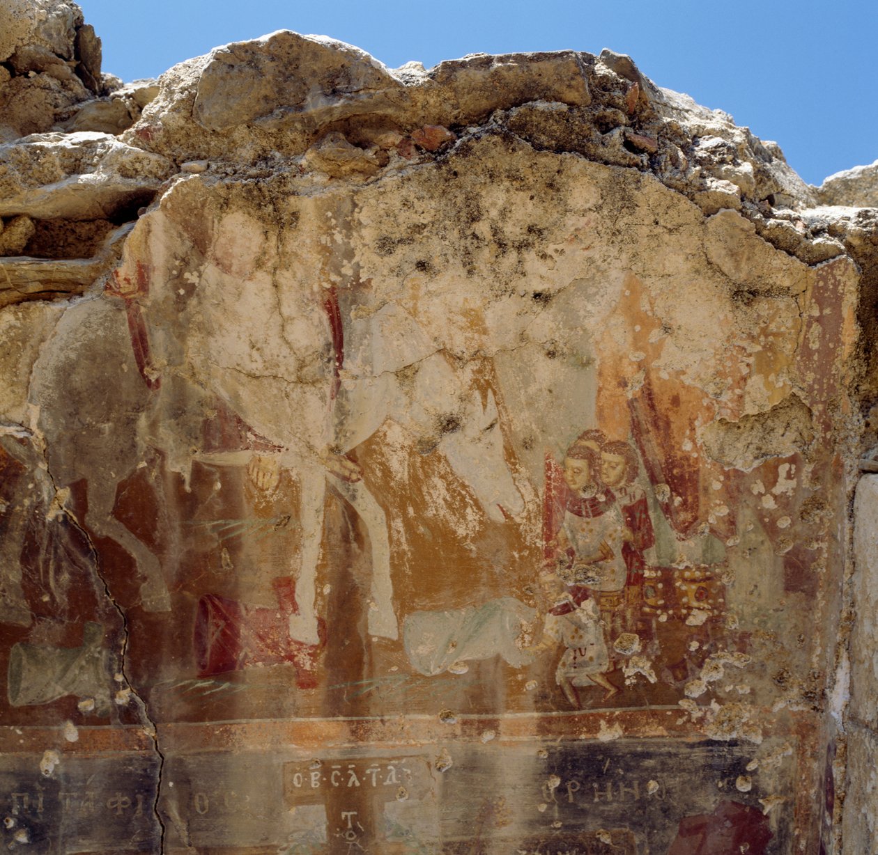 Rester af fresker af den byzantinske kirke i ruiner i Preveli, Kreta, Grækenland (foto) af Unbekannt Unbekannt