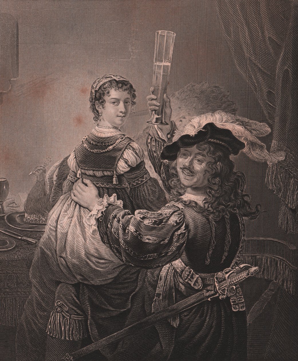 Rembrandt med sin kone Saskia, gravering H Payne fra maleri af Rembrandt, fra Paynes Royal Dresden Gallery, af Albert Henry Payne, H Payne Dresden og Leipzig Publisher, ca. 1840 af Unbekannt Unbekannt