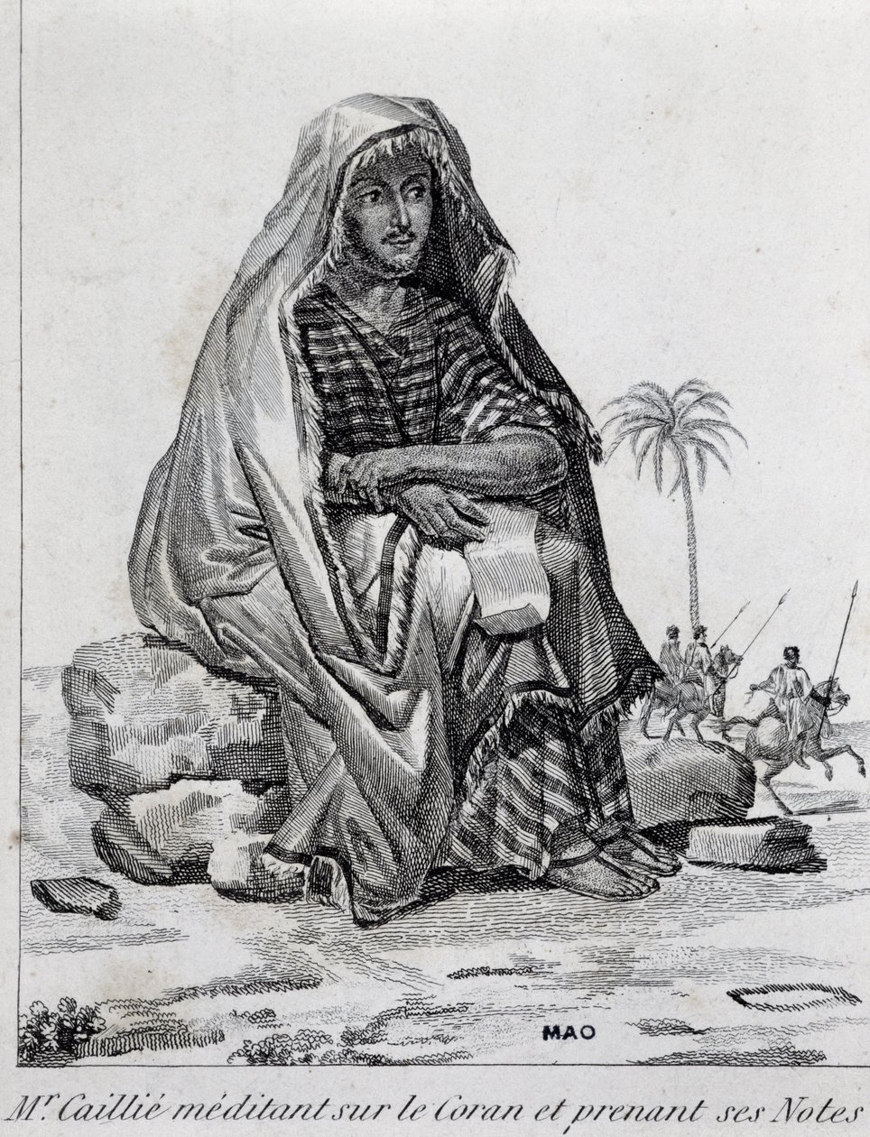 Rene Caillie (1799-1838), opdagelsesrejsende iført arabisk tøj, mediterer over Koranen af Unbekannt Unbekannt