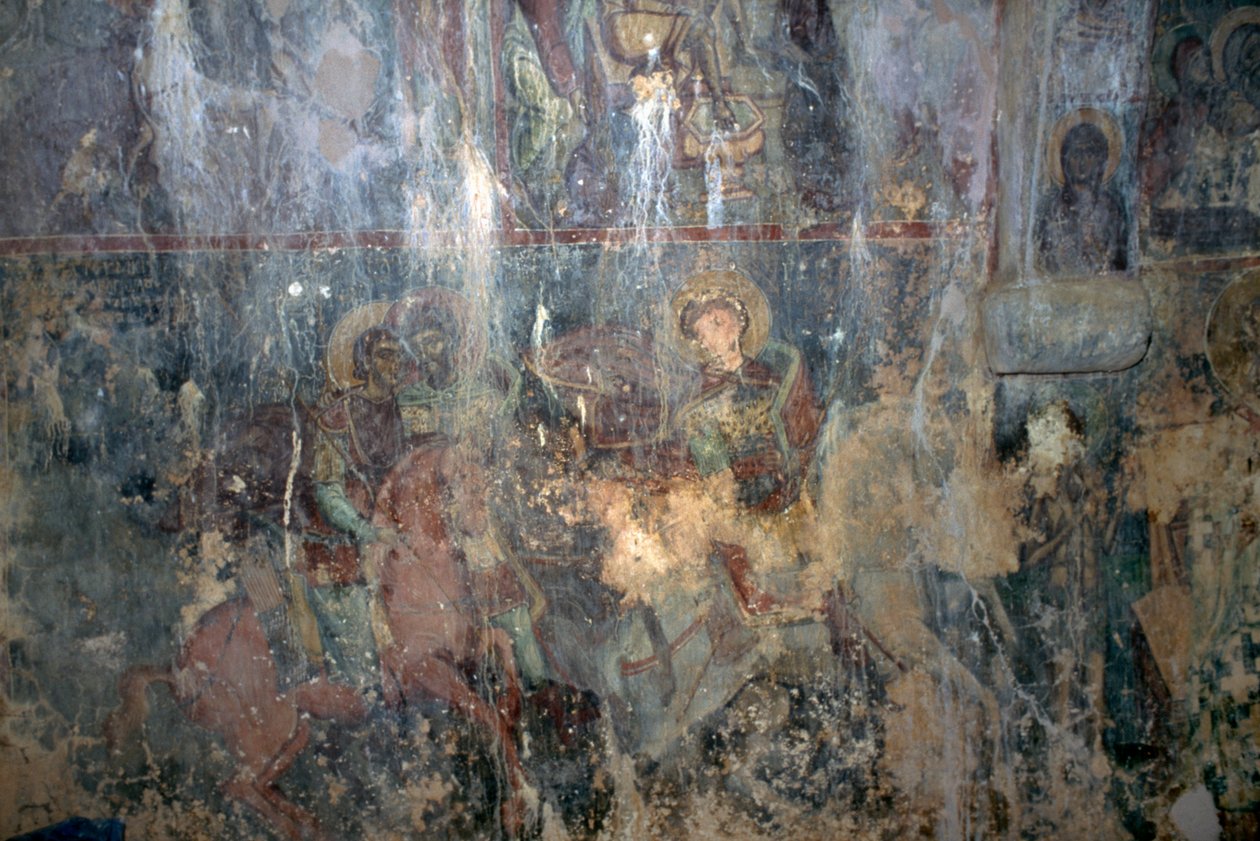 Hellige til hest, fresko i den byzantinske kirke Agios Athanasios, Kefali, Kreta, Grækenland (foto) af Unbekannt Unbekannt