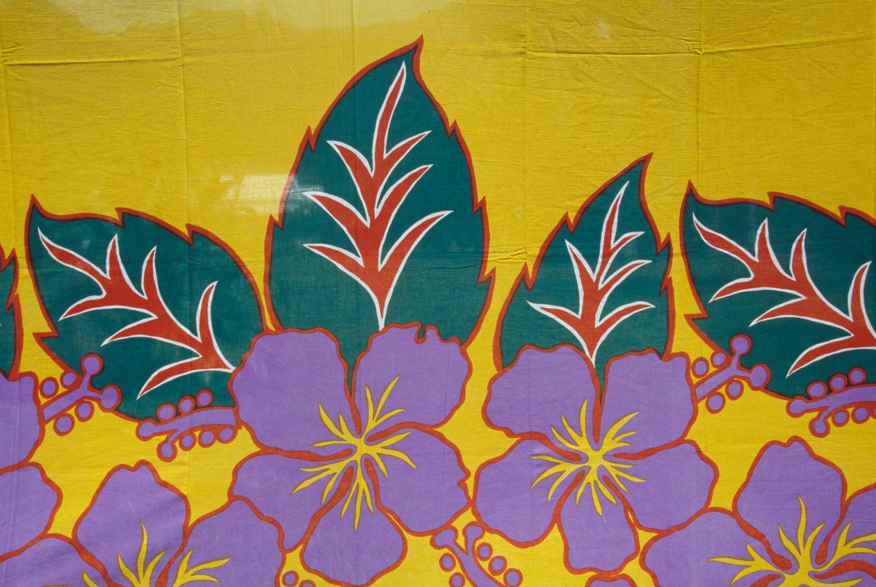 Sarong stof dekoreret med blomstermotiver, øen Moorea, Society Islands, Fransk Polynesien (den franske republiks oversøiske territorium), detaljer af Unbekannt Unbekannt