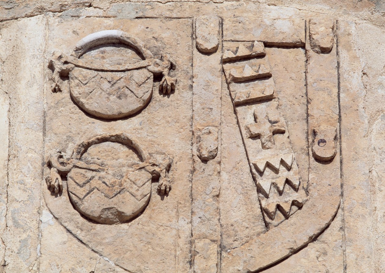 Spanien, Castilla-La Mancha, Skt. Christophers bakke, Belmonte, Belmonte Castle, Arkitektonisk detalje, der viser Marquis de Villenas våbenskjold af Unbekannt Unbekannt