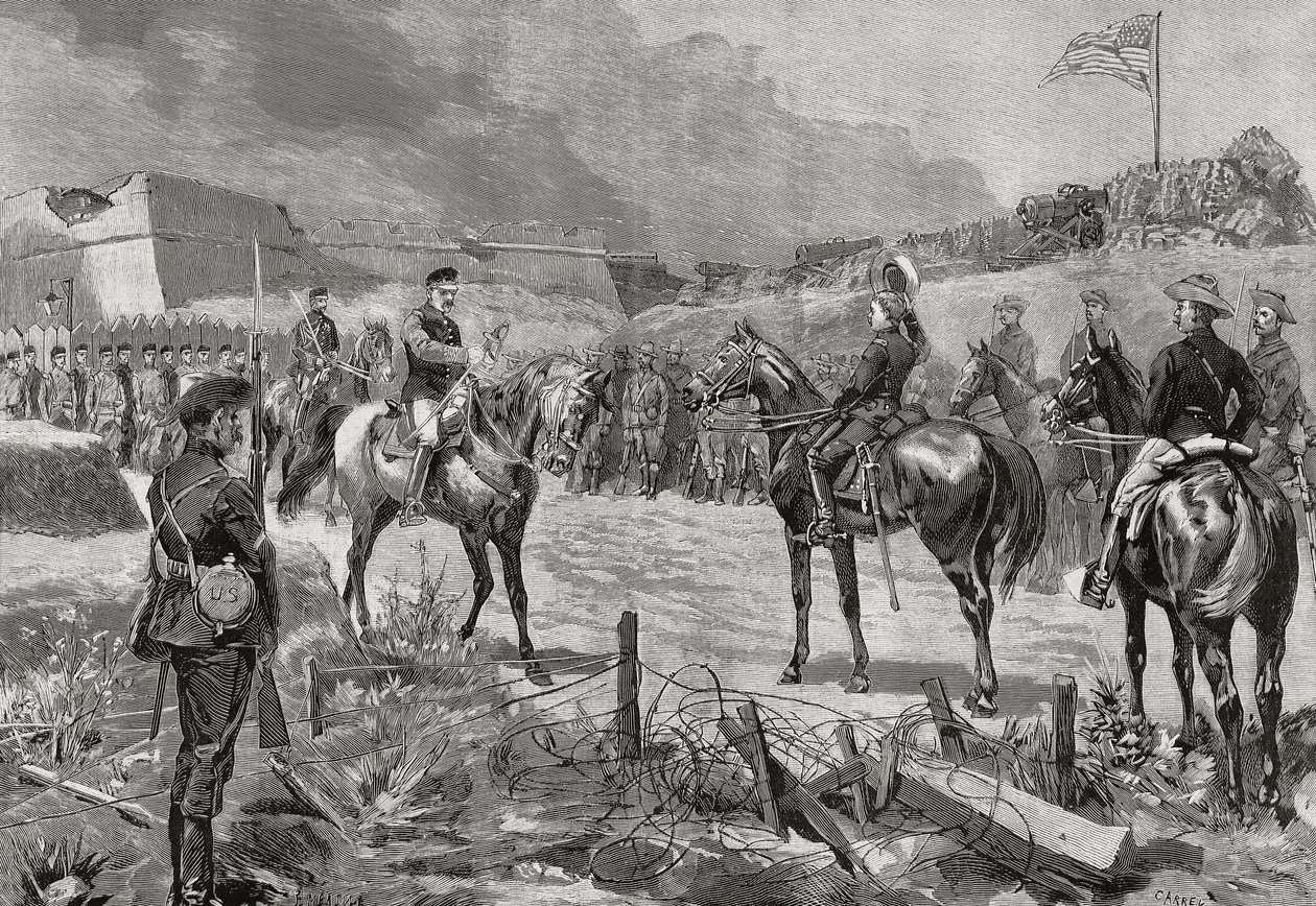Den spanske general Jose Toral y Velazquez overgiver sig til amerikanske tropper, Santiago de Cuba, juli 1898, spansk-amerikansk krig, Cuba af Unbekannt Unbekannt