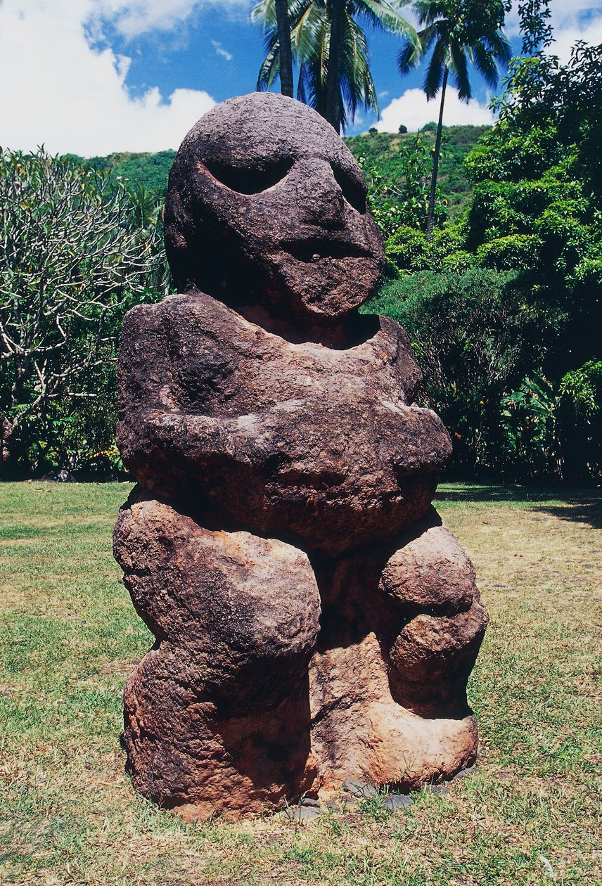 Tiki, marae (tempel) Arahurahu, skulptur, Tahiti, Society Islands, Archipelago of Windward Islands, Fransk Polynesien (den franske republiks oversøiske territorium) af Unbekannt Unbekannt