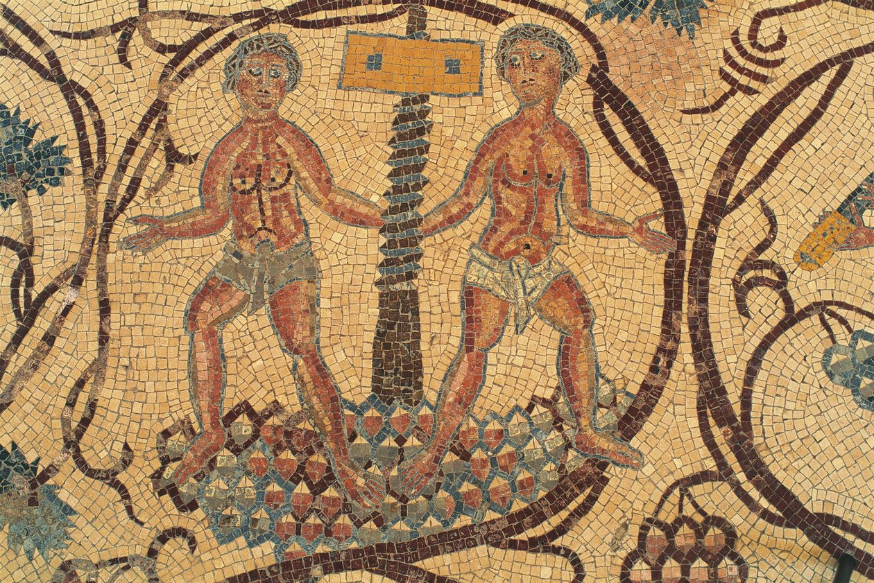 Vinskruepresse, detalje af gulvmosaik med scener fra det daglige liv, Church of Saints Lot og Procopius, Nebo, Khirbet al-Mukhayyat, Jordan, byzantinsk civilisation, 6. århundrede e.Kr. af Unbekannt Unbekannt