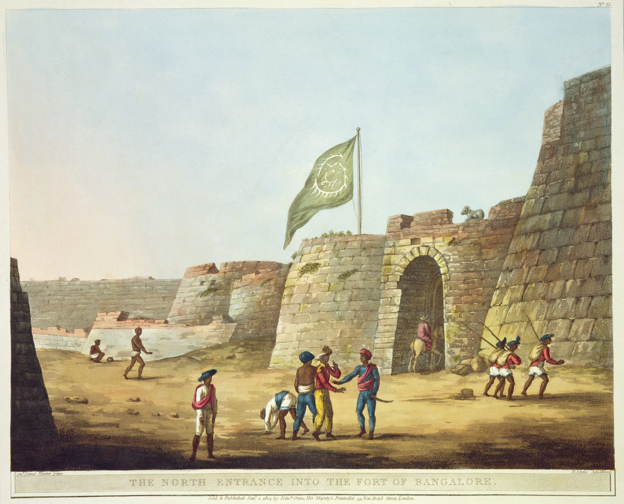 Den nordlige indgang til Bangalores fort, planche 15 fra "Picturesque Scenery in the Kingdom of Mysore", graveret af H. Merke, udgivet af Edward Orme (1774-c.1820) 1804 (akvatint) af Lieutenant James Hunter