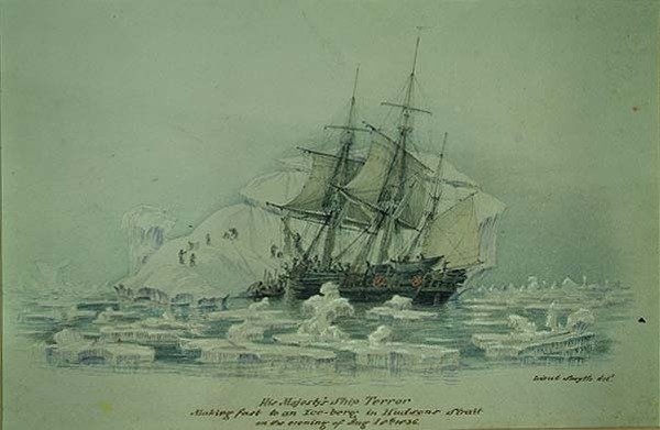 Begivenheder på en handelsrejse: HMS Terror gør fast ved et isbjerg i Hudsons Strait, 18. august 1836 (wc på papir) af Lieutenant Smyth