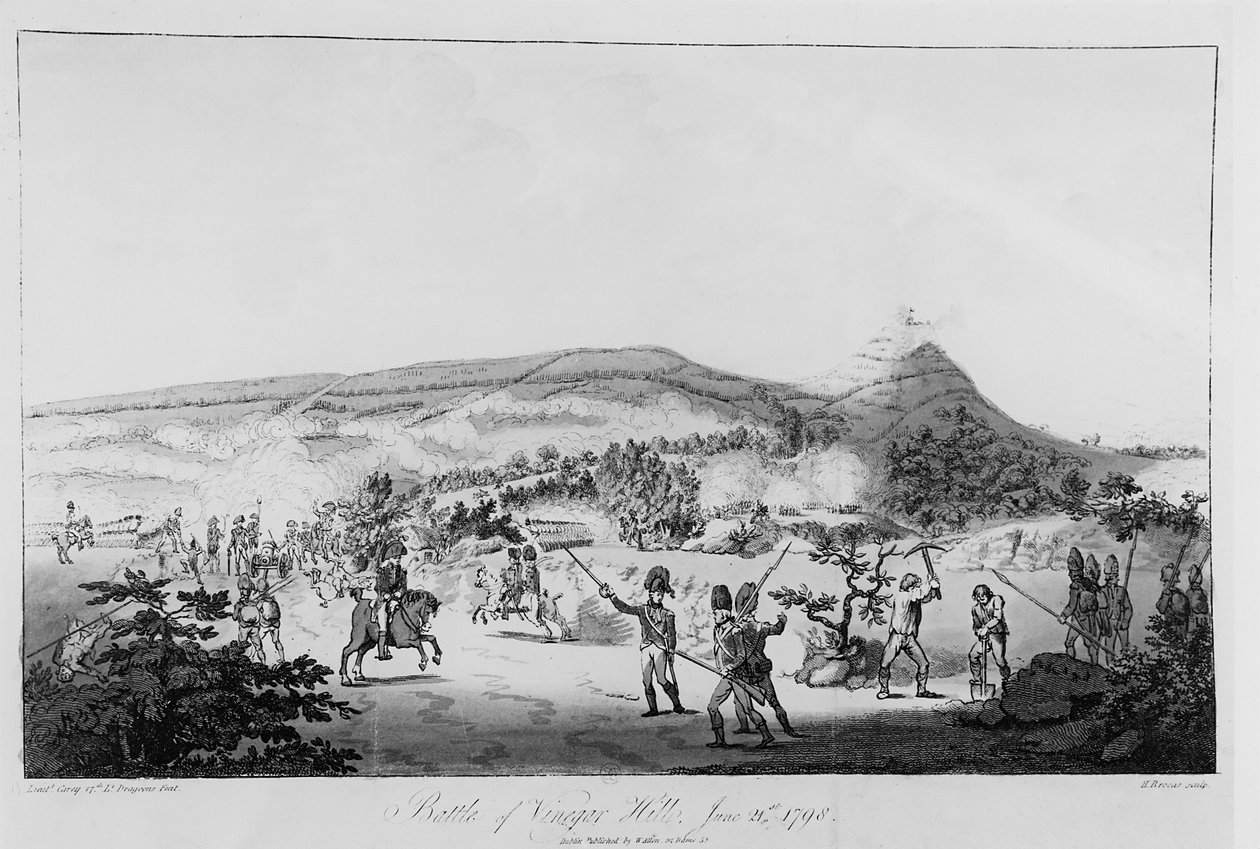 Slaget ved Vinegar Hill, 21. juni 1798, indgraveret af Henry Brocas (1762-1837) (se 123758 for farve) af Lieutenant Carey