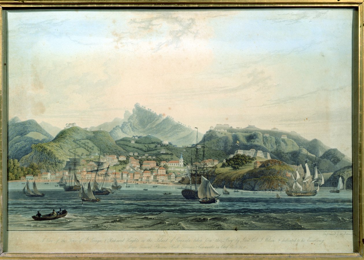 En udsigt over byen St. George og Richmond Heights på øen Grenada, indgraveret af William Daniell 1769-1837, gravering ca. 1810 af Lieutenant Colonel J. Wilson