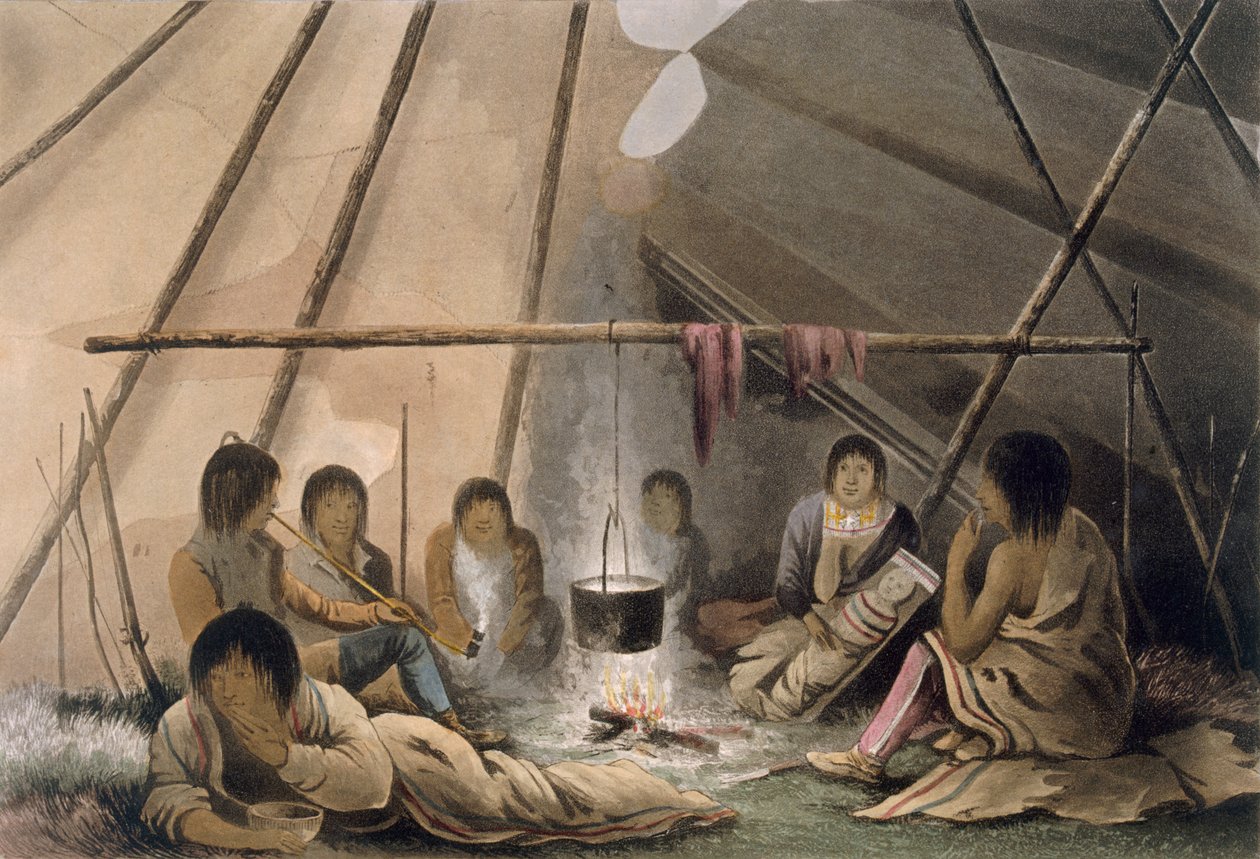 Interiør af et Cree indianertelt, 1824 af Lieutenant Hood