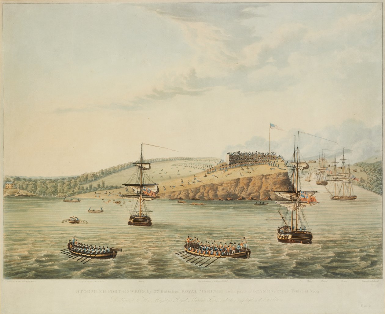 Angreb på Fort Oswego, Lake Ontario, N. Amerika. 6. maj 1814, middag, og stormende Fort Oswego af Anden Bataljon Royal Marines og en gruppe sømænd, 15 m over tolv ved middagstid, indgraveret af R. Havell, 1815 af Lieutenant J. Hewitt