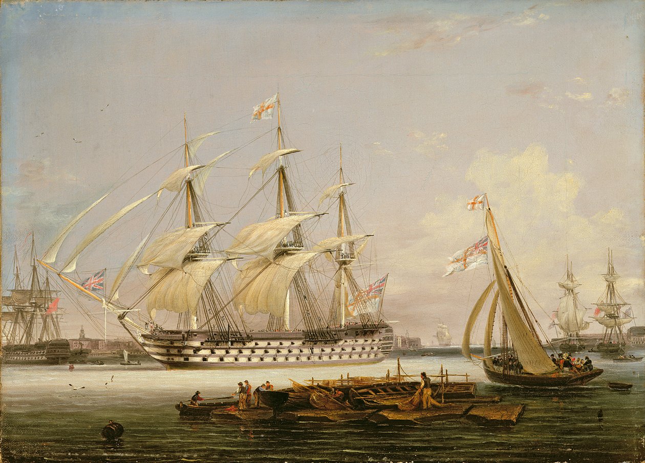 En tredækker på vej ind i Portsmouth Havn, 1836 af Lieutenant Robert Strickland Thomas