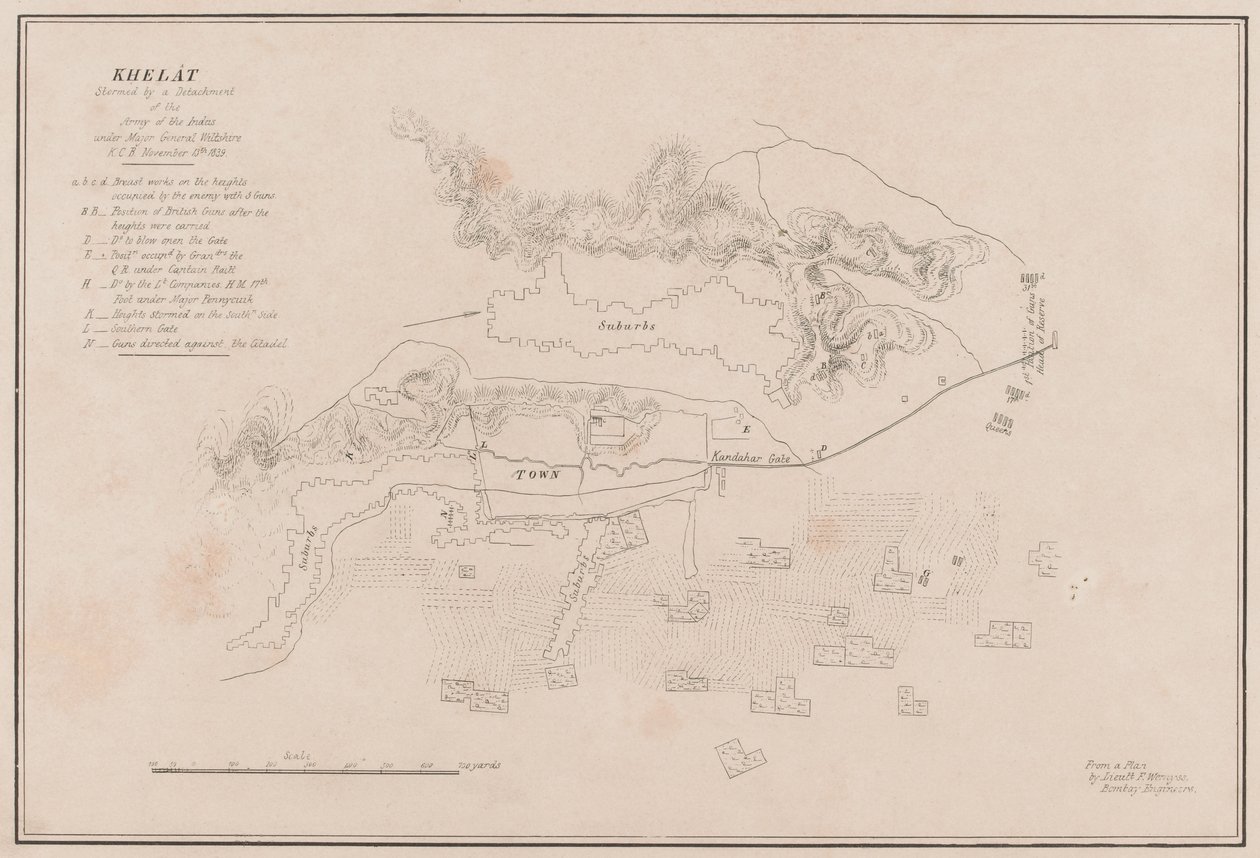 Skitse af fæstningen Ghuznee. Taget af Storm den 23. juli 1839 (litho) af Lieutenant Thomas (after) Wingate