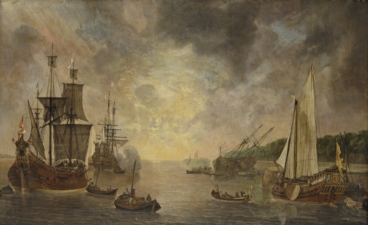 En havn med en fløjte, en fregat der affyrer en salut, en fløjte bliver passet og en States Yacht, med anden skibsfart ved solnedgang af Lieve Verschuier