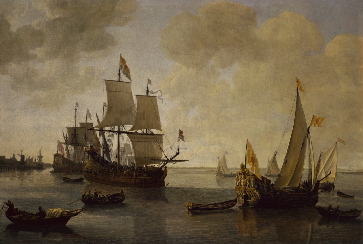 The States Yacht of Prince William II of Orange med anden shipping (olie på lærred) af Lieve Verschuier